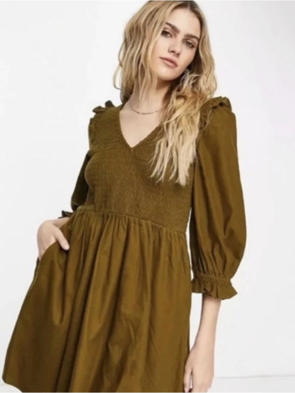 Madewell Olive Green Smocked V-Neck Ruffle Long Sleeve Dress